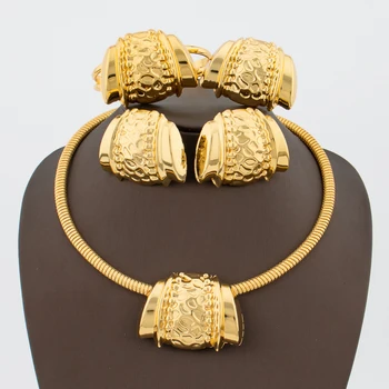 Женский комплект ювелирных изделий Африканского золотого цвета, ожерелье и серьги с браслетом, набор колец для помолвки в Дубае, ювелирный аксессуар