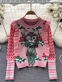 Женский свитер с вышивкой розового кота 2024, Весенние трикотажные топы с длинным рукавом и круглым вырезом, Стильные Элегантные модные женские джемперы