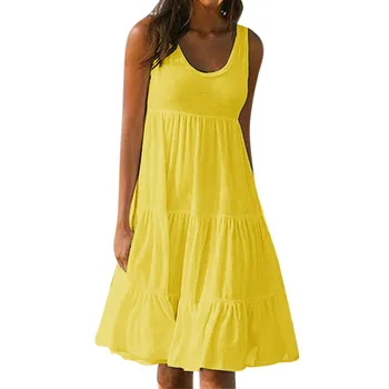 Женское летнее пляжное платье без рукавов с круглым вырезом, однотонное сращивание, большие качели, Элегантные платья для женщин 2023 г.