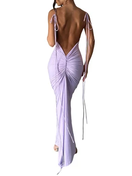 Женское сексуальное платье без спинки, облегающее платье Макси на шнуровке, Элегантное коктейльное платье для вечеринки, Бюстье с рюшами, Длинное платье на бретелях.