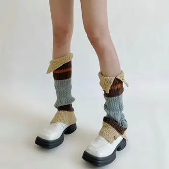 Зимние женские носки до икр, вязаные, стрейчевые, контрастного цвета, сшитые на пуговицах, сохраняющие тепло, Мягкие гетры в японском стиле