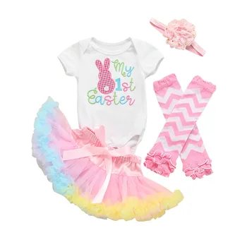 Комплект Пасхальной одежды для новорожденных девочек, Вышитый Комбинезон с короткими рукавами + Красочная юбка из тюля с оборками + Грелка для ног + Повязка на голову