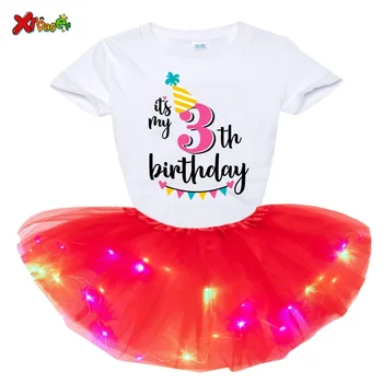 Комплект платья для маленьких девочек, комплект принцессы для девочек, вечеринка по случаю дня рождения, 2 предмета, легкое платье + футболка, детский подарок на день рождения с вашим именем и номером.