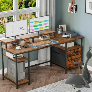 Компьютерный стол длиной 61 дюйм, промышленный письменный стол с большой подставкой для монитора с полками, письменный стол с тканевым ящиком для файлов