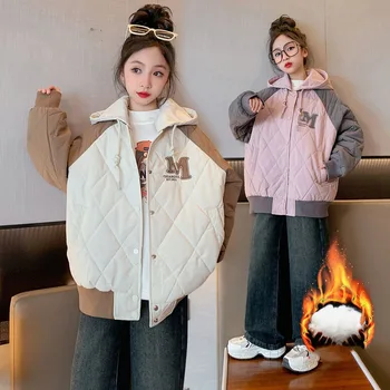 Корейская зимняя утепленная куртка для девочек-подростков, плюс бархатная верхняя одежда с капюшоном, пальто с надписью Elementary Girl