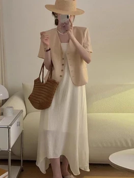 Корейская шикарная летняя мода, простой темпераментный жакет с V-образным вырезом и короткими рукавами + Нерегулярное свободное длинное платье на подтяжках