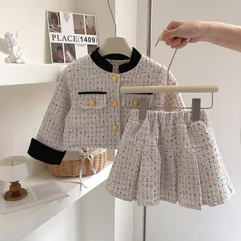 Корейский весенне-осенний комплект одежды из 2 предметов для маленьких девочек, хлопковое пальто с длинными рукавами, костюм с эластичной талией, универсальная юбка, наряды для маленьких девочек
