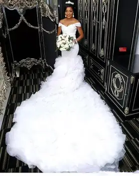 Красивые свадебные платья Русалки с открытыми плечами, Африканский кружевной лиф, Длинный шлейф, свадебные платья на заказ