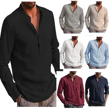 Летние мужские льняные рубашки с длинным рукавом, однотонные повседневные хлопчатобумажные льняные рубашки, Пляжные гавайские футболки, Свободные топы, блузки больших размеров