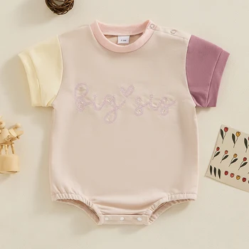 Летний Комбинезон с буквенной вышивкой на шее контрастного цвета, боди с коротким рукавом, футболка для малышей