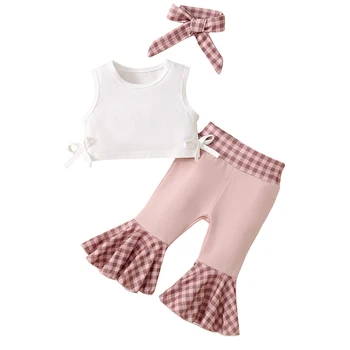 Летняя Одежда для маленьких девочек, топы без рукавов с расклешенными штанами, повязка на голову, комплект из 3 предметов