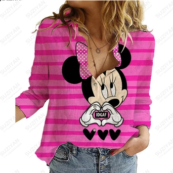 Летняя модная женская рубашка с длинными рукавами с Микки и Минни, кардиган с принтом на пуговицах, элегантная и простая рубашка, уличная свободная рубашка большого размера