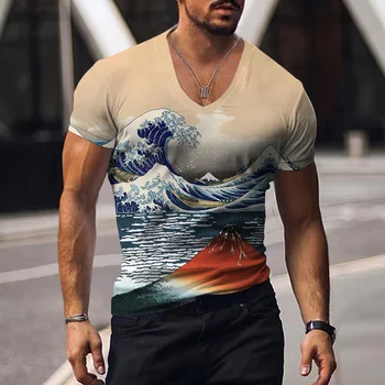 Летняя мужская футболка с V-образным вырезом и винтажным принтом, Повседневный пуловер Оверсайз с коротким рукавом, трендовые футболки, Модная мужская одежда