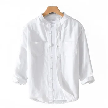 Летняя мужская хлопчатобумажная льняная рубашка с рукавами семь четвертей, свободный стоячий воротник, повседневный льняной японский модный мужской льняной топ