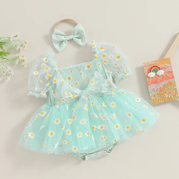 Летняя одежда для новорожденных девочек с короткими пышными рукавами, фатиновый комбинезон с ромашками, платье с повязкой на голову, комплект одежды для новорожденных