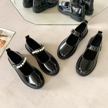 Маленькие кожаные туфли во французском ретро-английском стиле для женщин, летняя новинка, линия Pearl Fairy, тонкие туфли Mary Jane на толстой подошве