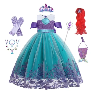 Милая девочка Принцесса Русалочка Платье Ариэль Детский косплей Костюм Детская одежда на Хэллоуин, День рождения Летнее платье для девочек