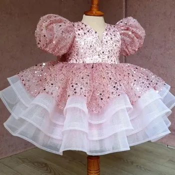 Милое бальное платье принцессы с рукавами-пузырями, Детское розовое платье с бантом из пушистой пряжи, расшитое блестками, праздничное платье для дня рождения y1130