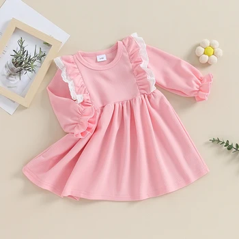 Милое платье трапециевидной формы с длинными рукавами в стиле пэчворк и оборками для маленьких девочек на весну-осень