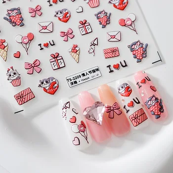 Милый кот 5D Мягкие рельефы с тиснением Самоклеящиеся украшения для ногтей Наклейки на День Святого Валентина 3D Наклейки для маникюра Оптом
