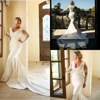 Модные свадебные платья 2020 с V-образным вырезом и длинными рукавами, Кружевные аппликации, свадебные платья на заказ, свадебное платье Русалки со стреловидным шлейфом