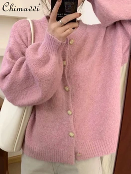 Модный женский свитер в корейском стиле, однотонный, с длинным рукавом, с круглым вырезом, сшитый для отдыха, осень-зима, свободные свитера, кардиган