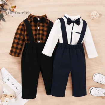 Модный комплект официальной одежды для маленьких мальчиков, рубашка с галстуком-бантом, комбинезон + брюки на подтяжках, 2 шт., Комплект хлопковой одежды для малышей 1-2 лет