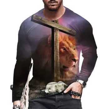 Мужская модная футболка с 3D-принтом животного Харадзюку, тигра, с длинным рукавом, повседневная футболка с круглым воротником, уличная индивидуальность, веселый свободный топ большого размера