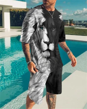 Мужская спортивная одежда из 2 предметов, черно-белая футболка с 3D принтом Льва, Уличный Повседневный Мужской комплект из двух предметов, Мужская футболка Оверсайз