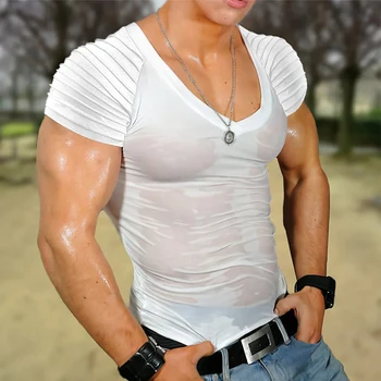 Мужская футболка Sports Muscle Gym Active с V-образным вырезом, Футболка с коротким рукавом, Прозрачные рубашки с мокрым эффектом, Летняя Повседневная Блузка, Облегающие Футболки, Топы