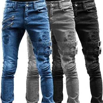 Мужские узкие байкерские рваные Длинные джинсовые брюки, Обтягивающие джинсы, боковые карманы на ремнях и молнии, мужские штаны для бега, разрушенные эластичные брюки