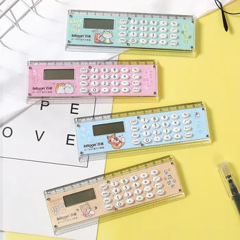 Мультяшный мини-линейка-калькулятор Kawaii, многофункциональная линейка 15 см с калькулятором, канцелярские принадлежности для студентов, офисные школьные принадлежности