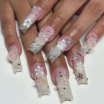 Накладные ногти в виде цветов-бабочек с жемчужным сердечком, градиентный дизайн, розово-белые накладные ногти с блестками, длинные балетные накладки на ноготь