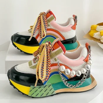 Новая Декоративная Женская Вулканизированная обувь на шнуровке с Переливающейся Жемчужной цепочкой, Женские Кроссовки на платформе, Zapatos De Mujer, Женская обувь