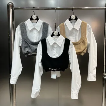 Новая коллекция осени 2023, Рубашка с длинным рукавом и отложным воротником, вязаный жилет в стиле пэчворк, поддельный комплект из двух предметов GL637