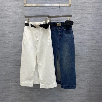 Новая летняя юбка-поясная сумка 2023 года с разрезом спереди по центру, длинная джинсовая юбка-поясная сумка с контрастным принтом (с поясным ремнем, как показано на рисунке)
