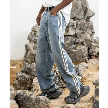 Новая мужская уличная одежда для бойфренда, модная свободная повседневная одежда в полоску сбоку, винтажные джинсовые мешковатые брюки, мужские шаровары