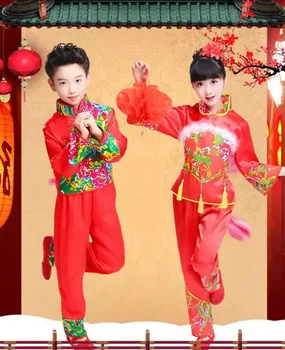 Новогодний Красный детский костюм Hanfu для девочек, национальная одежда в молодежном стиле, одежда для сценических танцев Fan Yangko, Костюмы для танцев