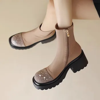 Обувь Ботинки Женщин Новый 2023 Челси Шикарная Дизайнерская Зимняя Обувь На Молнии С Круглым Носком Мода Лолита, Дамы Высокий Каблук Резиновые Анкл
