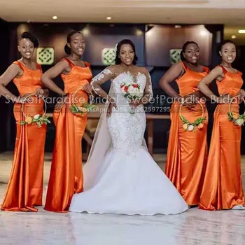 Оранжевые Длинные платья подружек невесты в стиле Русалки на тонких бретельках, платье-футляр без рукавов для подружек невесты на свадебной вечеринке