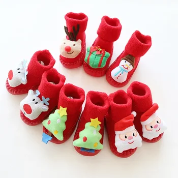 Осенне-зимние шерстяные детские ботинки и носки с рисунком из мультфильмов, нескользящие красные рождественские носки для малышей