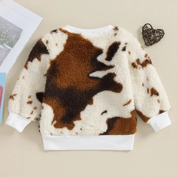 Осенне-зимняя одежда для малышей, толстовка с вышивкой в виде коровы, пушистые пуловеры с длинным рукавом и круглым вырезом, топы