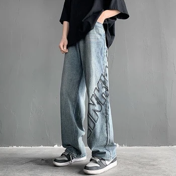 Осенние новые простые джинсы с граффити для мужчин и женщин, свободные прямые рукава, винтажные персонализированные уличные модные широкие брюки