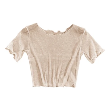 Отделка салатом, Тонкая однотонная блузка с круглым вырезом, женская блестящая рубашка для ночного клуба