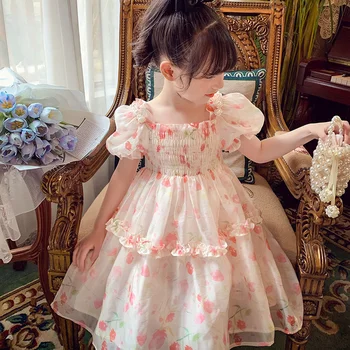 Платье для девочек 2023, новое модное сетчатое платье с цветочным рисунком для маленькой девочки, летнее платье принцессы для маленьких девочек, Тренд