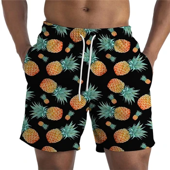 Пляжные шорты для отдыха на Гавайях 2024, мужские повседневные короткие брюки с 3D принтом, бандаж с ананасом, пляжные шорты, брючный купальник, плавки