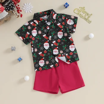Рождественская одежда для маленьких мальчиков, рубашка с короткими рукавами и пуговицами с рисунком динозавра, шорты, комплект рождественской одежды для джентльменов
