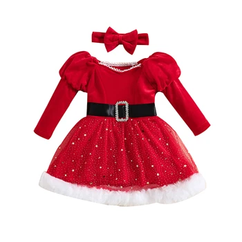 Рождественские наряды для маленьких девочек, юбка в стиле пэчворк с длинными рукавами и повязкой с бантом на голове, праздничное платье принцессы для вечеринок