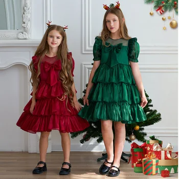Рождественские платья для маленьких девочек, детское платье для торта с бантом, Элегантное праздничное платье-пачка принцессы, Праздничная одежда для крещения детей на День рождения
