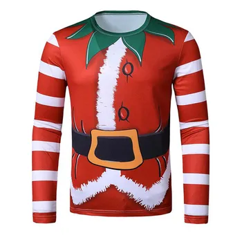 Рождественский костюм В подарок Забавная мужская приталенная футболка с круглым вырезом и длинным рукавом, Спортивные топы с 3D рисунком, Модный праздничный наряд